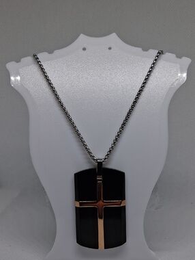Men's Black Pendant Necklace with Rose Gold Cross Accent